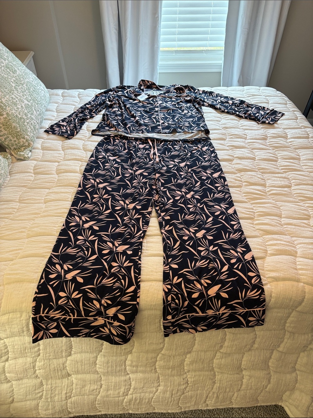 Navy & Blush Leaf Print Pajama Set — Relaxed Lounge Two-Piece
